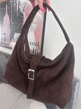 Lavoute began Suede Shoulder Bag with Buckle Strap in Dark Brown